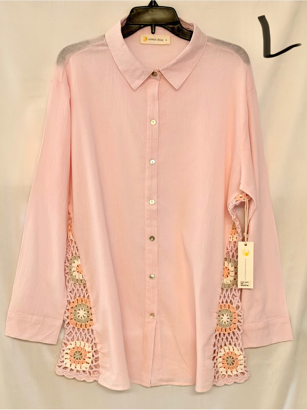 Ocean Drive Pale Pink Button-Front Shirt with Crochet Inset